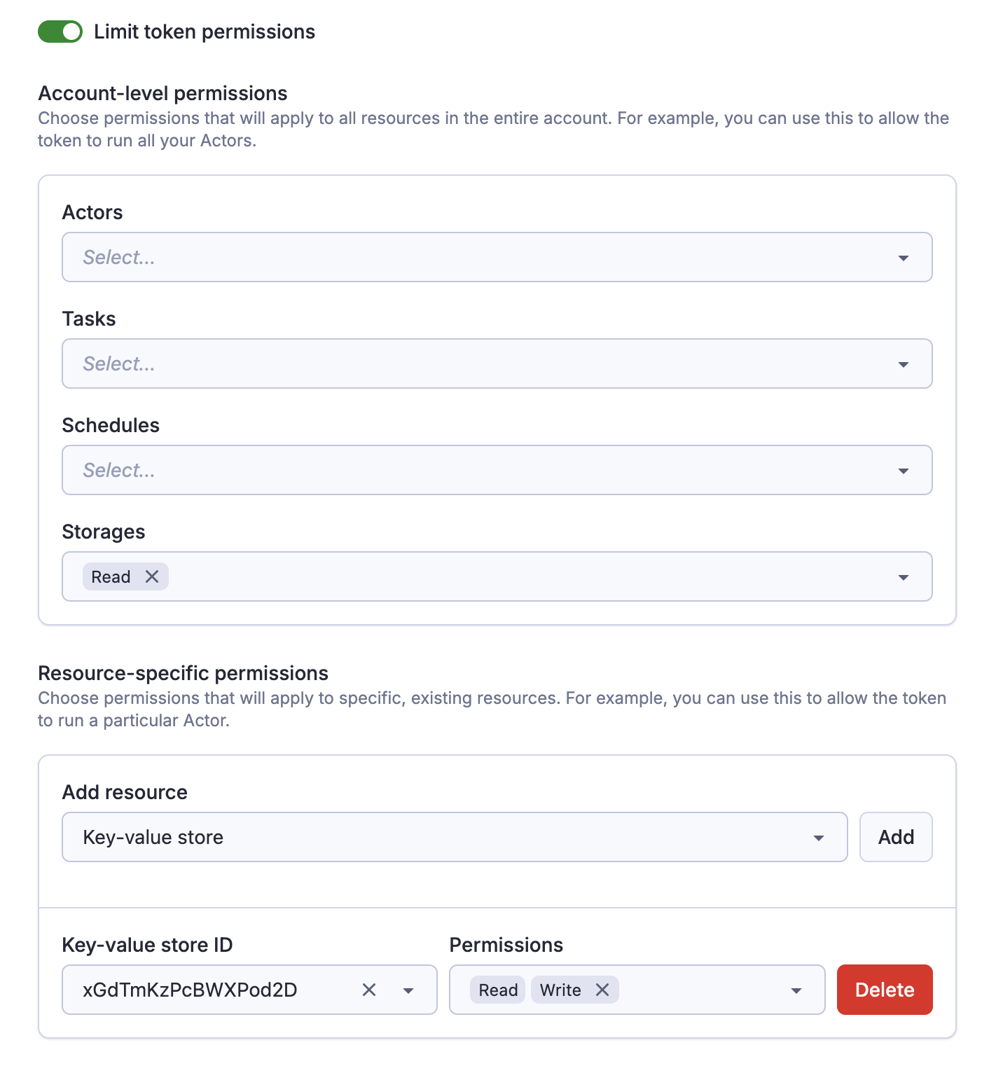 An example scoped token that combines account-level permissions and resource-specific permissions